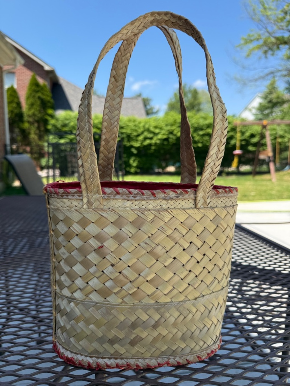Winnie the Pooh & Piglet Handmade Straw Tote Bag Red Interior Super cute! - Picture 7 of 9